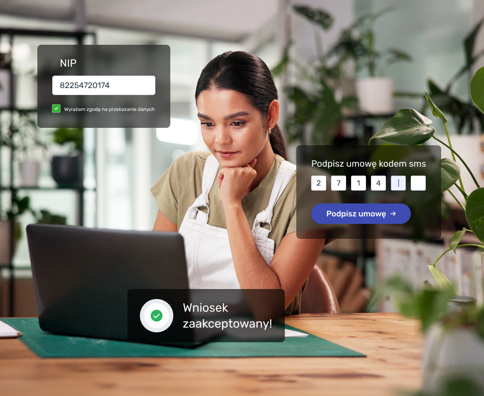 A female entrepreneur submits an online factoring application—verification of her tax ID number, signing the agreement via SMS code, and approval of the application
