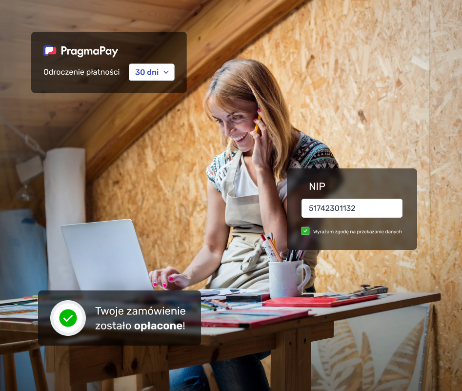 A business owner placing an online order using PragmaPay financing — deferred payment and confirmation of payment for the order