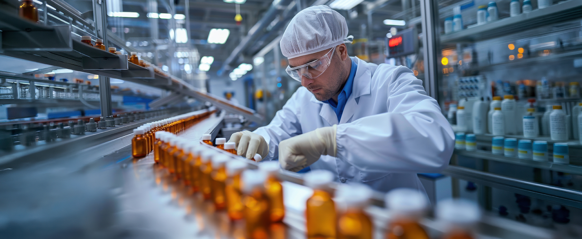 pracownik firmy suplementowej kontroluje linię produkcyjną butelek