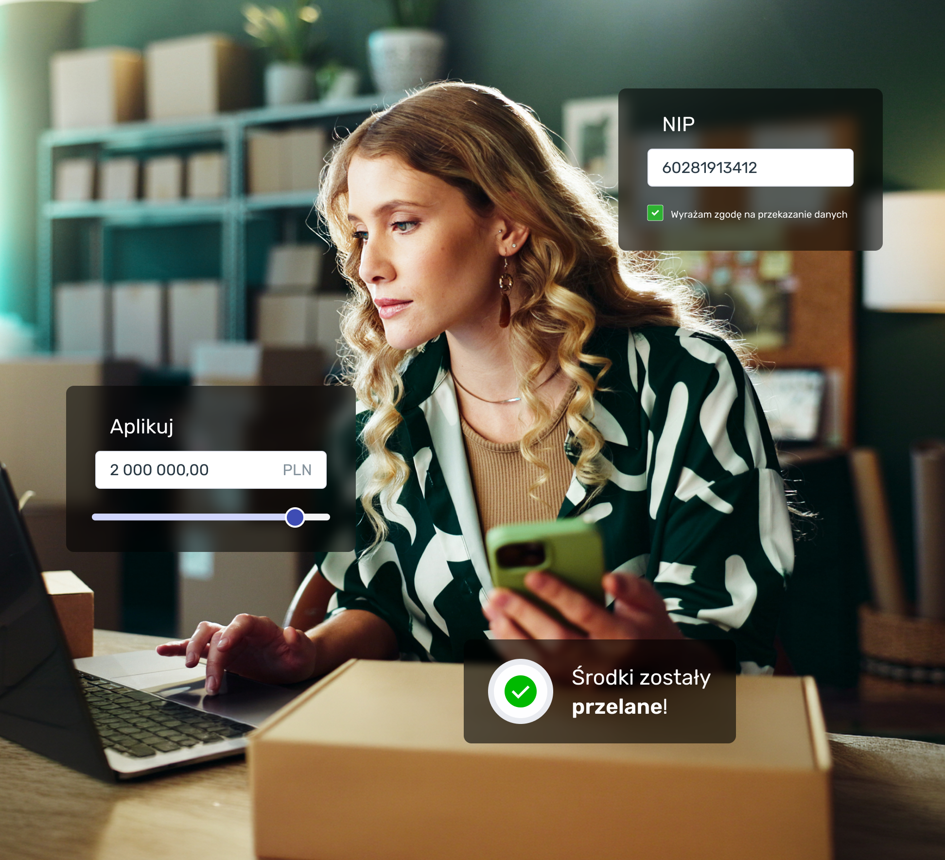 A female entrepreneur submits an application for reverse factoring online—adjusts the financing amount using the slider, verifies her tax ID number, and confirms the transfer of funds