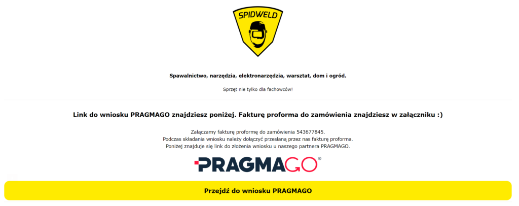 Mail with proforma for purchases at SPIDWELD