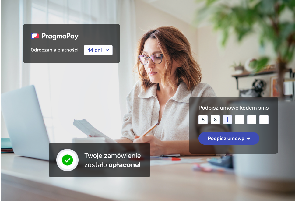 A customer signing a PragmaPay contract online using an SMS code — payment deferral and confirmation of payment for the order