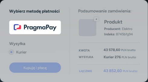 Mockup of an online store shopping cart showing the PragmaPay payment method selection and order summary