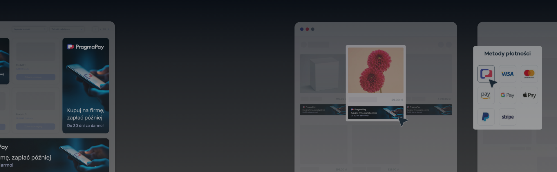 Kolaż materiałów marketingowych PragmaPay — banery, mockupy sklepu internetowego i metody płatności