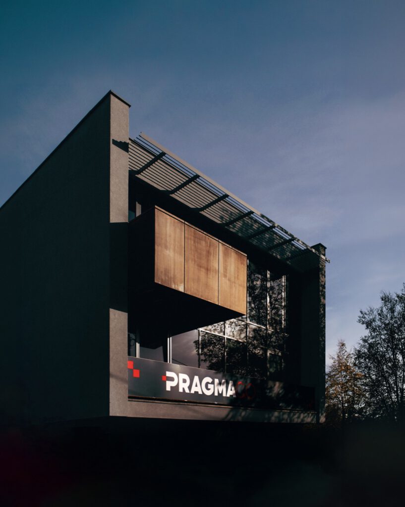 PragmaGO's headquarters in Katowice – an office building featuring the company's logo