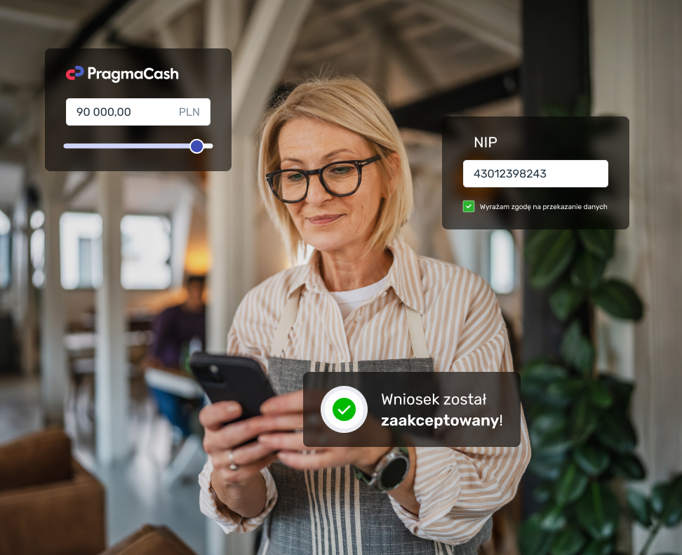 A female entrepreneur applying for a PragmaCash loan online on her phone—slider to select the amount, tax ID verification, and application approval